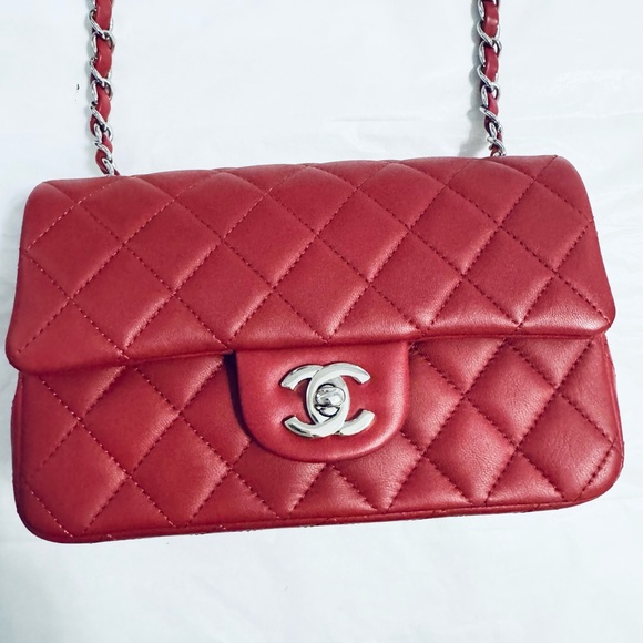 💯 Authentic Chanel Classic Rectangular Mini Flap Dark Red - Picture 12 of 13